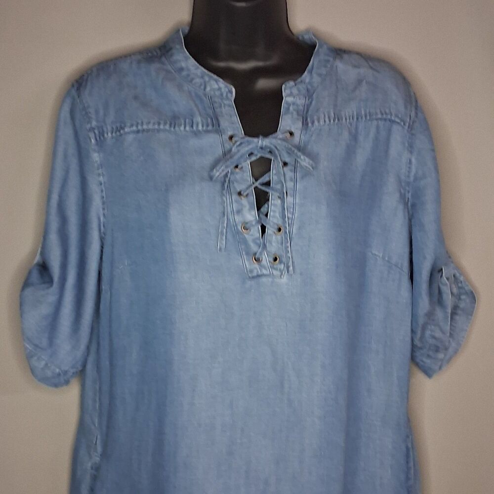 Philosophy Republic Women's M Blue Tencel Chambray Lace Up Shift Dress Pockets